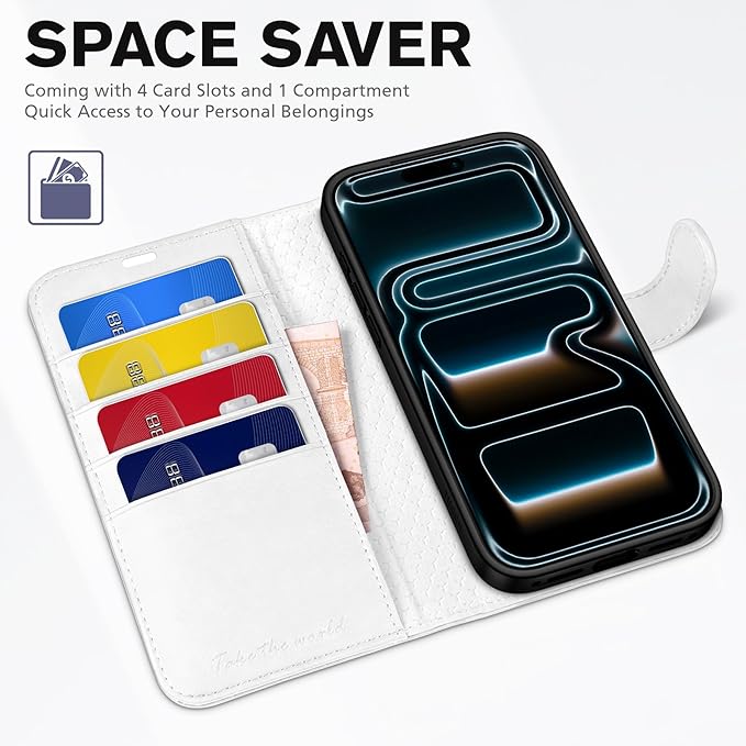 TUCCH Wallet Case for iPhone 17 Pro Max (6.9") 2025, RFID Blocking 4 Card Holders | Kickstand | Shockproof TPU Shell | PU Leather | Magnetic Closure | Protective Flip Folio Cover | White
