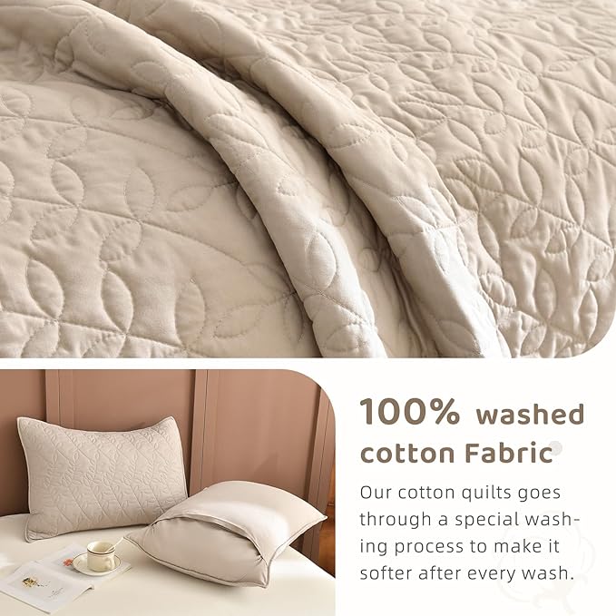 Sanracie Oversized King Quilt Bedspreads 128"*120", 100% Cotton Linen Colored Cal King Quilt Bedding Set Leaves Quilting Extra Wide Large Lightweight 3Pcs Coverlet King Size for All Season