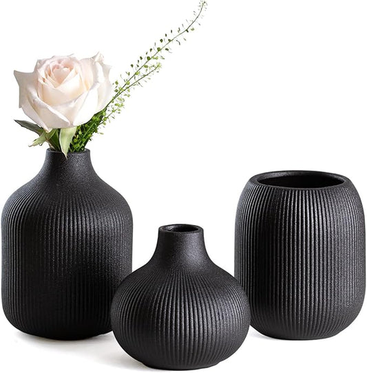 Dnnnii Modern Black Ceramic Vase Set of 3, Ribbed Texture Boho Minimalist Home Decor, Small Decorative Vases for Centerpiece, Shelf, Tabletop - Aesthetic Touch for Neutral & Transitional Spaces