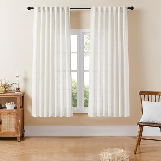 Joydeco Linen Curtains for Bedroom 63 Inch Length 2 Panels Set,37 Inch Wide Light Filtering Curtains for Living Room, Off-White Curtains with Back Tab & Rod Pockets (37x63 inch, Off-White)