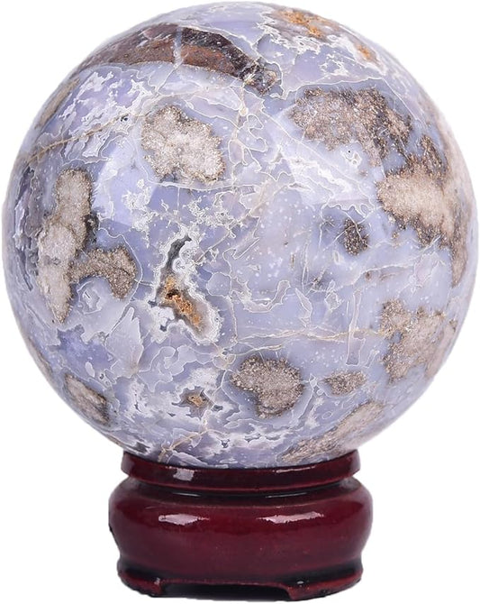 JIC Gem Large Blue Cherry Blossom Agate Crystal Ball with Stand Crystal Sphere Natural Sakura Flower Agate Stone Reiki Healing Meditation Witchcraft Home Decor 2.7-3.1 inch(70-80mm)