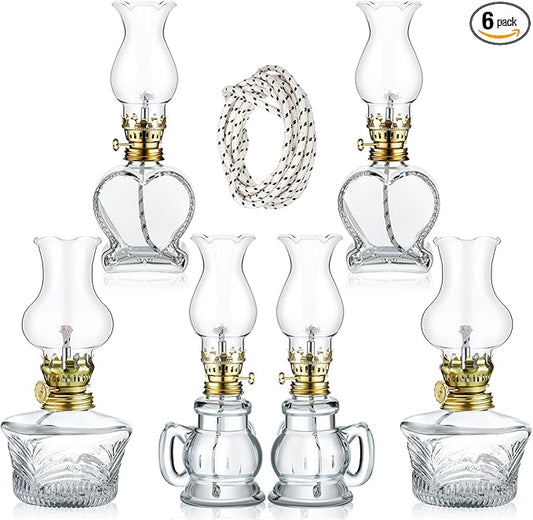 Yexiya 6 Pcs Chamber Oil Lamps Oil Lamp Vintage Glass Kerosene Lamp Bulk with Adjustable Fire Wick Rustic Clear Hurricane with 6.6 ft Extra Wick for Indoor Use Home Decor 8 Inch (Heart)