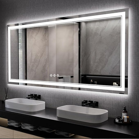 Big Bathroom Mirror, 84x40 Inch Gradient Front and Backlit Lighted Mirror, 3 Colors Dimmable CRI>90 Double Lights, IP54 Enhanced Anti-Fog, Wall Mount LED Vanity Mirror