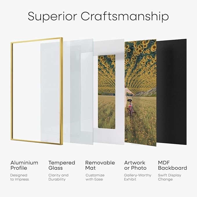 Homeforia 16x16 Picture Frame Gold, High End Metal 16 x 16 Square Poster Frame with Mat 12 x 12 Photo, 16x16 Frame Matted to 12x12 Print, 16by16 Gold Hanging Frames, Tempered Glass, Wall Kit, Set of 2