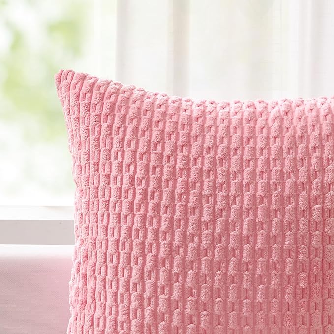 Kevin Textile Valentines Day Decorative Pillow Covers Set of 2 Striped Plush Corduroy Pillows Pillowcases Boho Home Decor Cushion Covers for Couch Sofa Bed Living Room 24x24 Inch, Pink