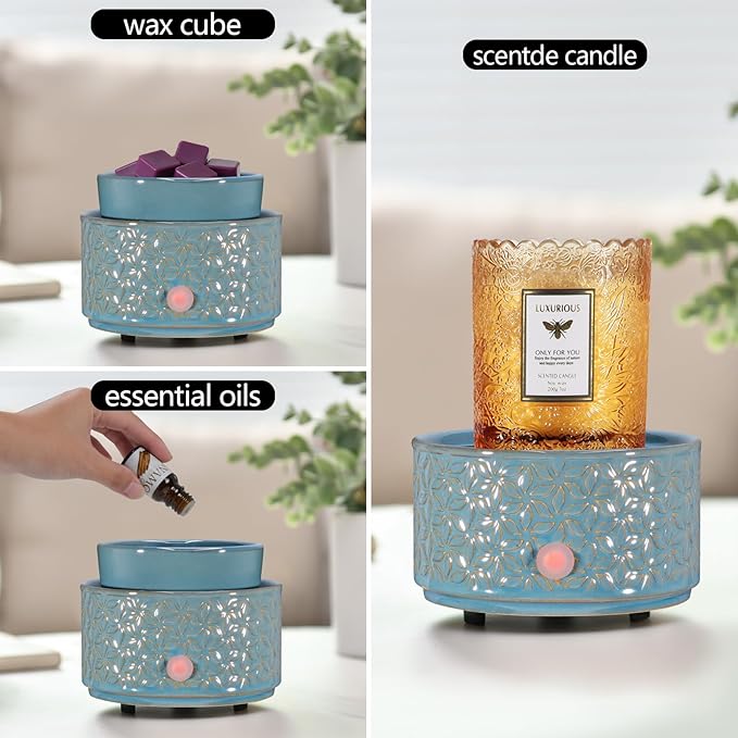 Electric Wax Melt Warmer 4-in-1 Candle Warmer for Scented Wax Melter Cute Ceramic Fragrance Wax Burner for Home Office Bedroom Deco Gift for Women Dark Blue