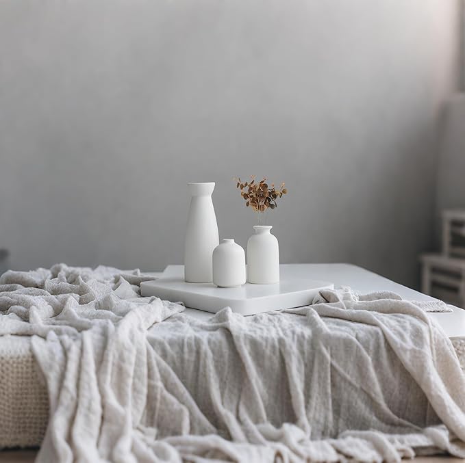 Distressed Ceramic Vase Set of 3, Modern Bohemian Farmhouse Home Decor, Pampas Grass Dried Flowers Vases for Living Room, Dining Room, Bedroom, Kitchen, Bathroom, Office, Entryway (White)