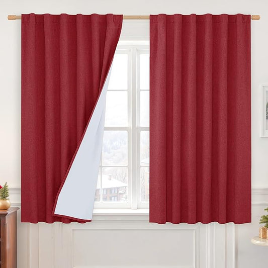 LAMIT Red 100% Blackout Window Curtains for Bedroom, 45 Inches Linen Textured Thermal Christmas Decor Drapes Back Tab and Rod Pocket Window Panels with White Liner, 2 Panels, 52 x 45 Inch