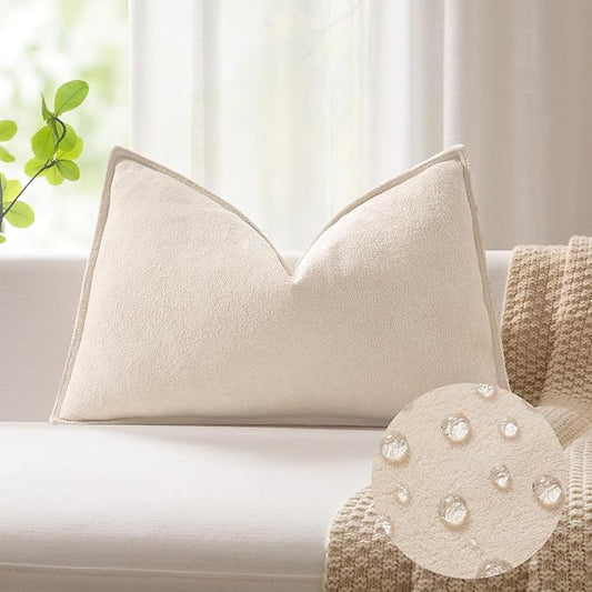 Kevin Textile 12x20 Inch Lumbar Pillow Cover 1 Pack Soft Boucle Textured Decorative Waterproof Rectangle Cushion Elegant Accent Pillow for Couch Sofa Chair Bed Home Decor Indoor Outdoor Beige
