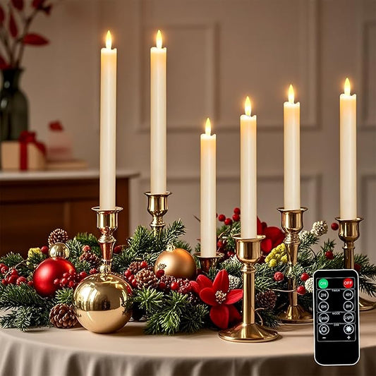 Battery Flameless Candles–Set of 6, Realistic Flickering LED Taper Candle Set,Remote & Timer, USB-Rechargeable, Ideal for Living Room, Bedroom & Holiday Décor