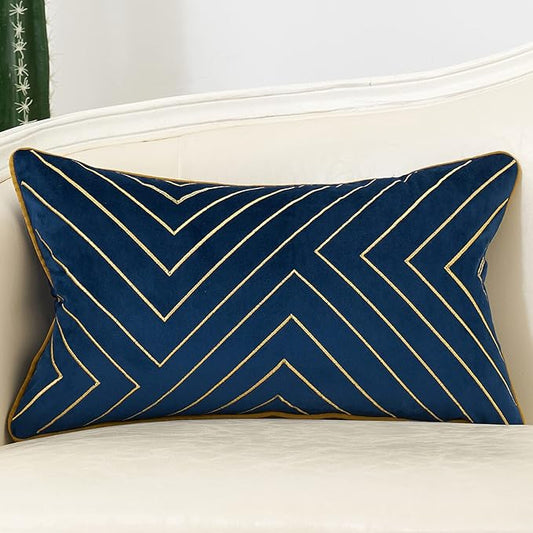 Avigers 12 x 20 Inch Navy Blue Gold Striped Geometric Lines Embroidery Velvet Cushion Case Luxury Modern Lumbar Throw Pillow Cover Decorative Pillow for Couch Living Room Bedroom Car 30 x 50cm