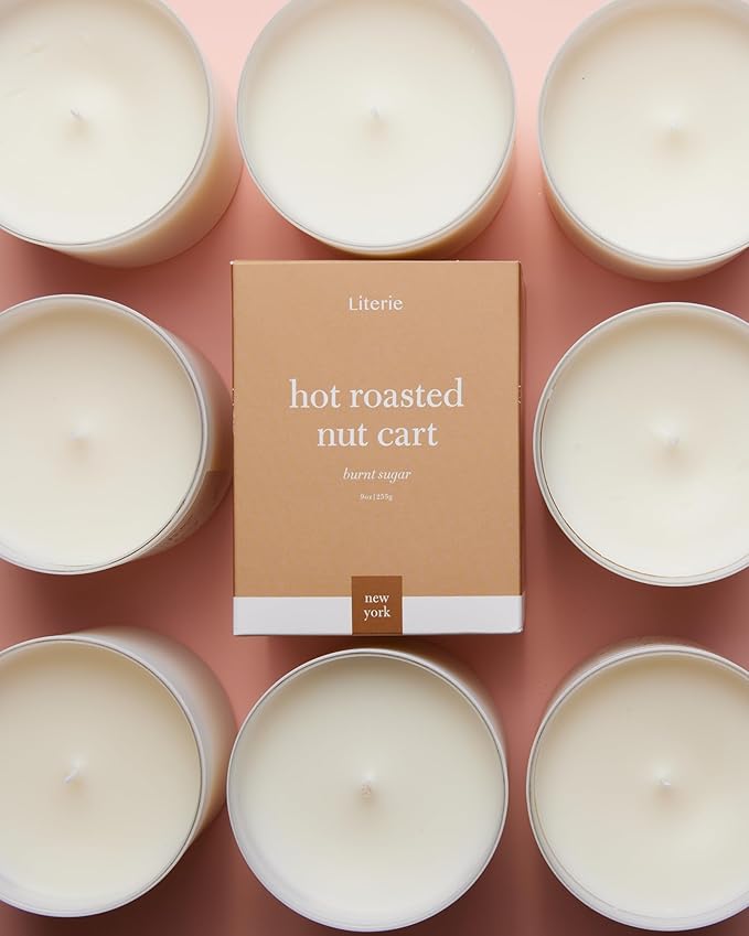 Literie NYC Inspired Scented Candle: Hot Roasted Nut Cart - Burnt Sugar Scent, 9oz, 50 Hour Burn, Vegan Soy & Coconut Blend Candle for Home Decor, Gift for Women & Men