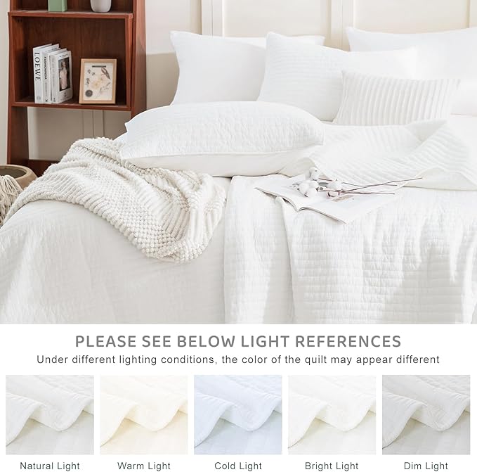 Sanracie Stonewashed Oversized Queen Quilt(102"x118"), Cotton Milk White Quilt Coverlet Sets 3Pcs Ultra Soft Crinkle Cross Stitch Bedspread Sets for All Season