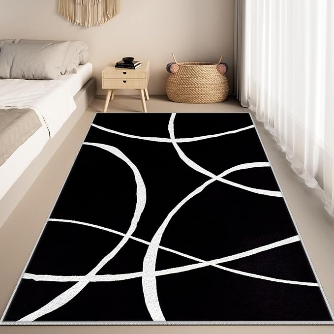 Black and White Rugs, Abstract Rug, Modern Minimalist Rug, Curved Line Design Carpet, Black and White Abstract Rugs Washable Non Slip for Living Room Home Decor 5x6