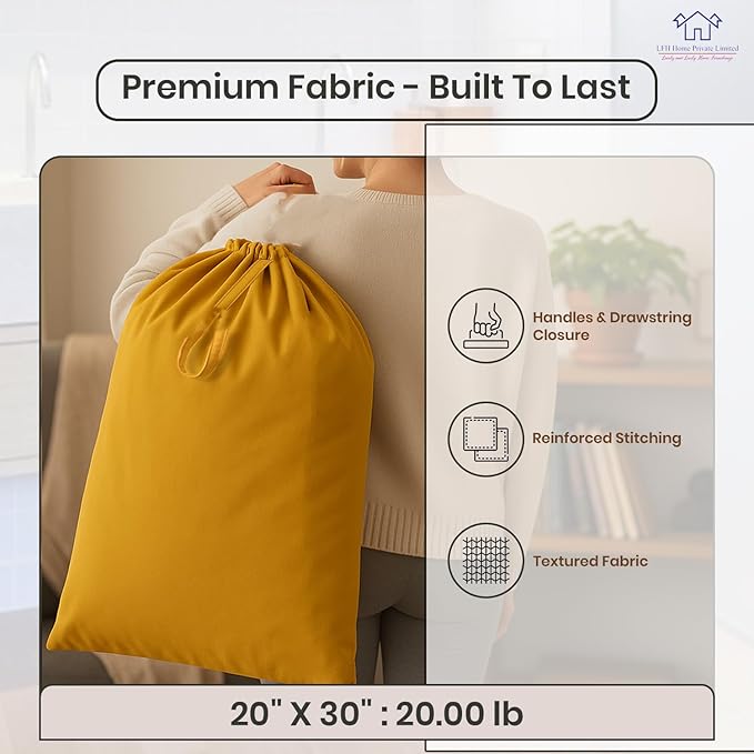 LFH Home Cotton Canvas Large Laundry Bag with Handle, Heavy Duty Drawstring Closure Washable Laundry Bags, School Travel, Home, Hotel, College Dorm, Organizer Sack, Toys Clothes 20x30-Yellow