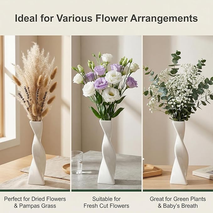 Bud Vase Small Ceramic Bud Vase Single Flower Stem Vase for Modern Home Decor for Centerpieces Twist Minimalism Style Vase Home Decorative Floral Centerpiece for Wedding and Office (White)