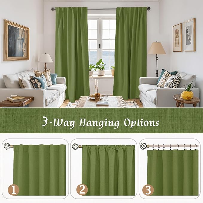 LAMIT 100% Blackout Linen Curtains for Living Room, 72 Inches Linen Textured Thermal Bedroom Drapes Back Tab and Rod Pocket Christmas Panels with White Liner, 2 Panels, 52 x 72 Inch, Olive Green