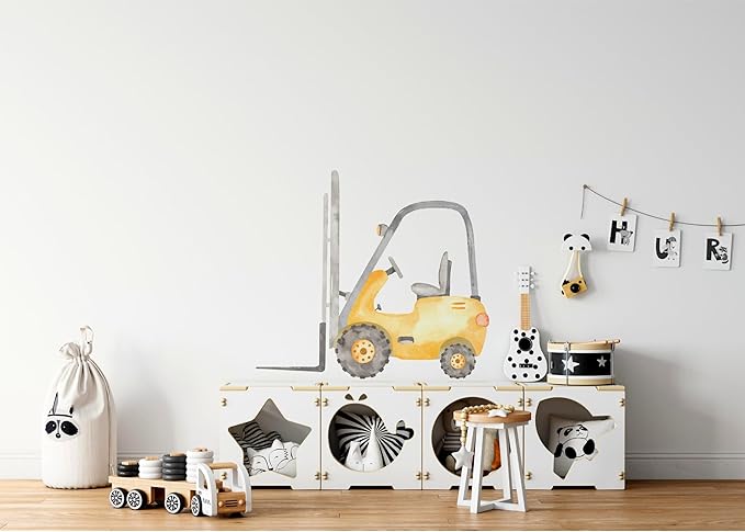 Construction Forklift Wall Decal for Boys Room, Lift Truck Construction Eqipment Peel Stick Removable Fabric Wall Sticker, Nursery or Playroom Decor, Repositionable (30 inch: 27" Tall x 30" Wide)