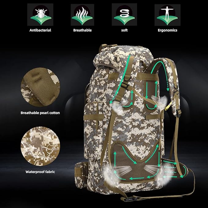 HongXingHai 100L Camping Hiking Backpack,Molle military Tactical rucksack backpack,Waterproof Lightweight Hiking Backpack (Khaki-C)