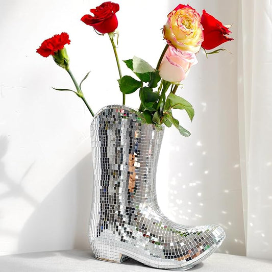 Handcrafted Disco Cowboy Boot Vase - Ceramic & Santiago Disco Ball Modern Western Flower Vase, 9.5inch Santiago Disco Cowboy Boot Home Decor, Unique Gift for Housewarming