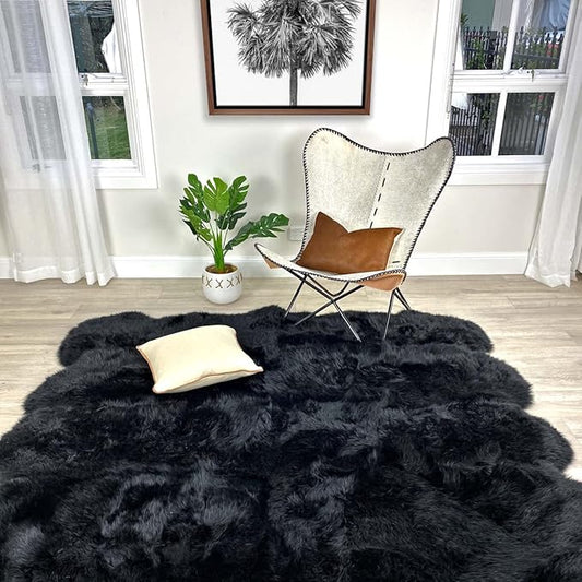 HUAHOO Premium Genuine Sheepskin Rug Real Australia Sheepskin Natural Luxury Fluffy Lambskin Fur Area Rug Seat Covers for Kids Bedroom Sofa Chair Cover Pets Dogs Mat Eight Pelt /6.2' x 7' Black
