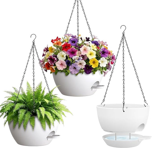 Set of 3-10 Inch Self Watering Hanging Planters for Indoor & Outdoor，Hanging Plant Pots with Drainage & Removable Tray, Hanging Pots for Ivy, Pothos Plant, Spider Plants, Ferns, Balcony & Patio, White