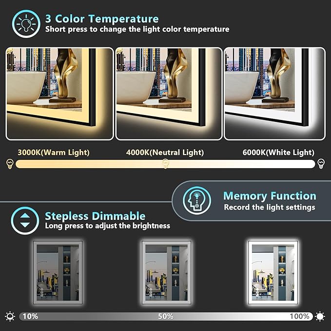 24x30 Black Framed LED Bathroom Mirror with Lights, Backlit + Front Lit, Anti-Fog Lighted Vanity Mirror for Bathroom Wall with 3 Colors, Dimmable, Memory, Tempered Glass, Horizontal/Vertical