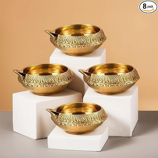 Brass Diya for Puja Kuber Diya [ Pack of 8 ] - Handmade Indian Puja Oil Lamp for Diwali Decorations - Diwali Diyas Indian Return Gifts [ Size 2.5 inch, Small ] Hashcart®