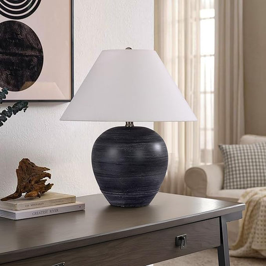 Pia Ricco 21'' Medium Size Black Glossy Ceramic Base Ceramic Basin Table Lamp for Bedroom, Living Room, Dining Room, Office, White Shade,White Striped Black Base