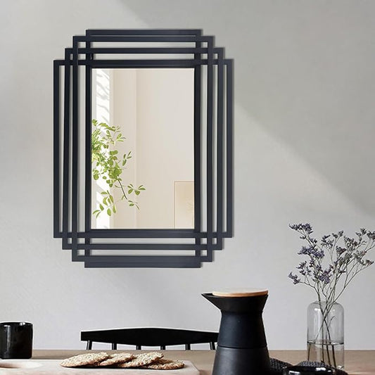 Rectangle Vanity Mirror, 24"x18" Geometric Art Deco Mirror with Metal Frame, Modern Elegant Wall Mirrors for Living Room Bathroom Bedroom Entryway, Hangs Vertically or Horizontally
