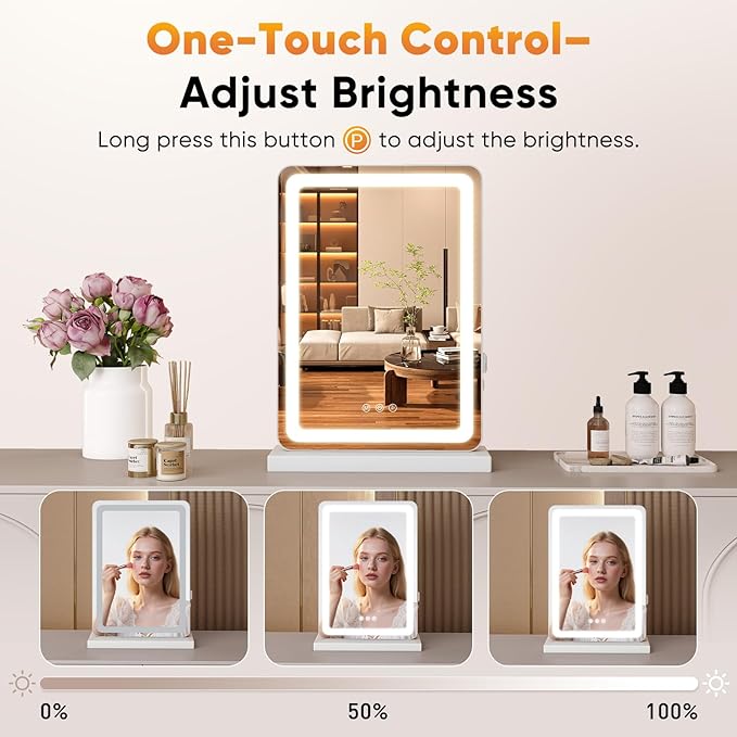 DUMOS 17"x13" LED Vanity Mirror with Lights, Dimmable 3 Color Modes Makeup Mirror with Memory Function, USB Charging, Aluminum Frame, Lighted Mirror for Desk or Bedroom