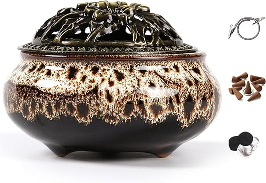 Incense Burner with Calabash Incense Stick Holder - Porcelain Charcoal Censer for Use with Resin Granular Powder Cone or Coil Incense (Fambe Gray)