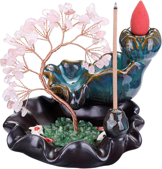 Jovivi Backflow Incense Burner Ceramic Incense Waterfall, Natural Rose Quartz Healing Crystal Money Tree Incense Holder for Wealth, Good Luck, Yoga Meditation, Home Decor