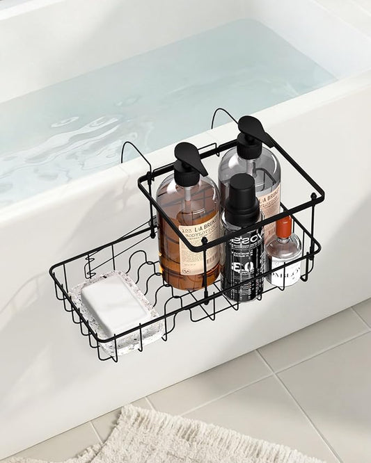 Rustproof Hanging Shower Caddy for Bathtub, Stainless Steel Shower Caddy for Tub Side, Hanging Shower Organizer Basket for Shampoo, Conditioner, Soap & Bath Accessories, Easy Install, Matte Black