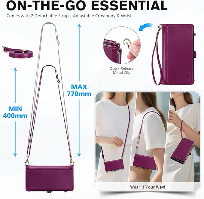 TUCCH Crossbody Detachable Wallet Case for iPhone 17 Pro Max 6.9", 10 Card Holders RFID Blocking, Wireless Charging, Stand Wrist Strap, Lanyard, Zipper Pocket, PU Leather Shockproof Cover, Plum Purple