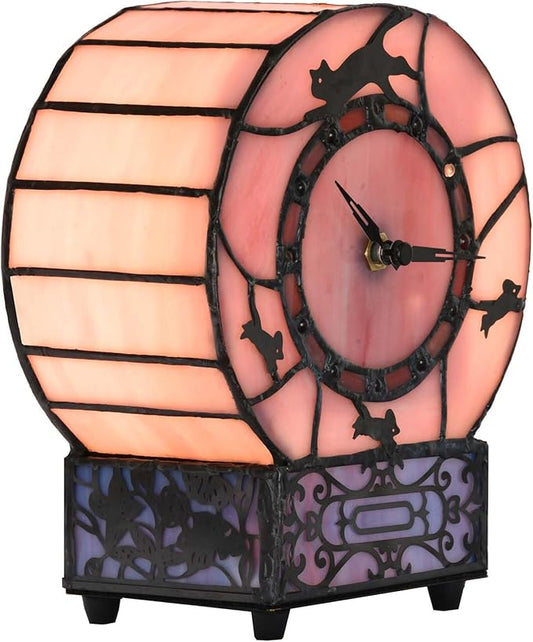 Bieye L10911 Cat and Mouse Tiffany Style Stained Glass Desk Clock Table Lamp for Home Decor (Pink)