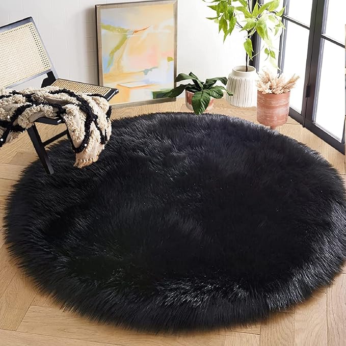 Black Fuzzy Living Room Washable Area Rugs for Bedroom Shag Circle Faux Sheepskin Furry Fur Round Rug 5ft Nursery Rug