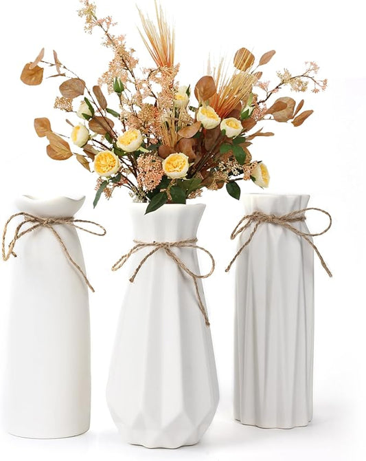 White Ceramic Vase,Modern Ceramic Vases Set of 3,White Tall Flower Vases for centerpieces,Rustic Farmhouse Boho Vase for Table Living Room Bathroom Kitchen Shelf Bedroom Office Party