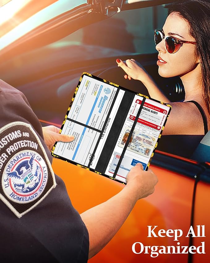 Slohif Car Registration and Insurance Card Holder with Magnetic Shut - Vehicle Glove Box Organizer Women Leather Automobile License Holders Coasters Auto Accessories Case for Document,Sunflower