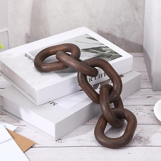 Queekay Decorative Wood Chain Link Decor Rustic Wooden 5 Link Wooden Decor Ornament Farmhouse Home Decoration Hand Carved Wood Chain Ornaments for Coffee Table(Dark Walnut)