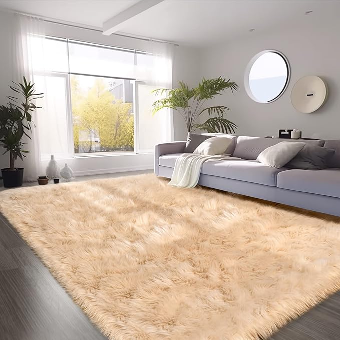 SERISSA Ultra Soft Faux Fur Rug 6x9 Feet, Fluffy Shaggy Area Rug Beige Faux Sheepskin Fur Rugs Fuzzy Rug, Furry Throw Rug for Living Room, Bedroom, Nursery Room Decor (Rectangle, Beige)