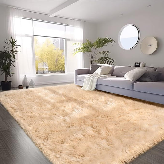 SERISSA Ultra Soft Faux Fur Rug 6x9 Feet, Fluffy Shaggy Area Rug Beige Faux Sheepskin Fur Rugs Fuzzy Rug, Furry Throw Rug for Living Room, Bedroom, Nursery Room Decor (Rectangle, Beige)