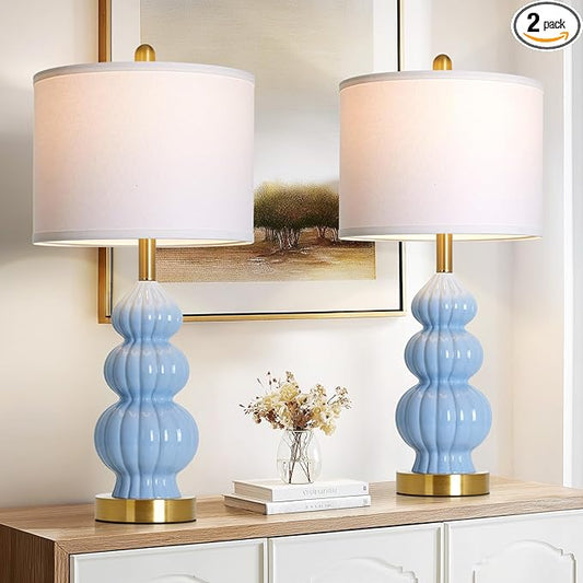 Blue Ceramic Lamps Set of 2, 26.5" Modern Table Lamps for Living Room, Classic Bedside Lamp with Triple Gourd, Elegant Bedroom Lamp for Night Stand Desk Side End Table Home Decor