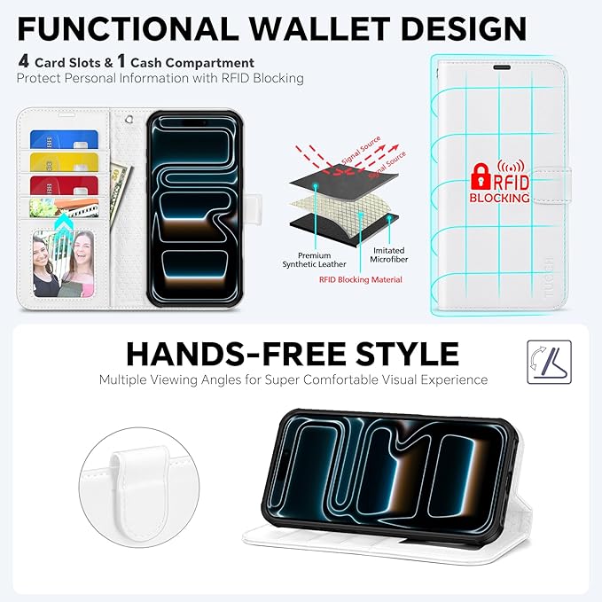 TUCCH 2-in-1 Detachable Wallet Case for iPhone 17 Pro Max (6.9") 2025, Wireless Charging | RFID Blocking 4 Card Holder | Wrist Strap | Kickstand | Magnetic | PU Leather | Protective Flip Cover | White