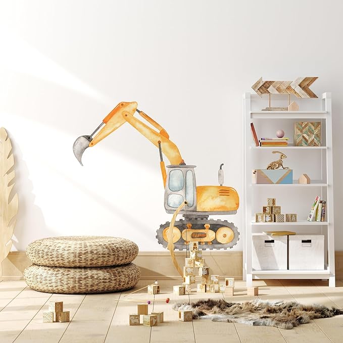 Construction Excavator Wall Decal for Boys Room, Construction Eqipment Peel Stick Removable Fabric Wall Sticker, Nursery or Playroom Decor, Repositionable (18 inch: 16" Tall x 18" Wide)