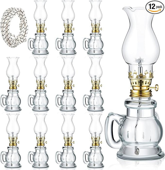 Yexiya 12 Pcs Chamber Oil Lamps Oil Lamp Vintage Glass Kerosene Lamp Bulk with Adjustable Fire Wick Rustic Clear Hurricane with 6.6 ft Extra Wick for Indoor Use Home Decor 8 Inch (Elegant)