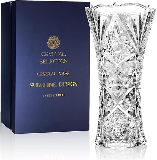 CS Crystal Vase 12-inch high, Sunshine Design, for Flowers & Decor. Lovely Nice Shiny Piece. Perfect as a Gift, Suitable for All Occasions.