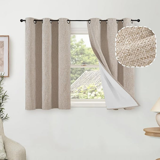 Lajode 40 Inch Length Linen Blackout Curtains for Short Cafe Window, Thermal Insulated Light Blocking Soundproof Privacy Burlap Curtains 2 Panels, Each 38 Inch Wide Beige