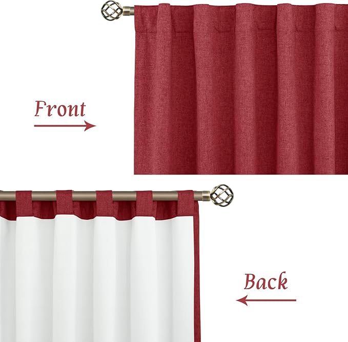 LAMIT Red 100% Blackout Window Curtains for Bedroom, 45 Inches Linen Textured Thermal Christmas Decor Drapes Back Tab and Rod Pocket Window Panels with White Liner, 2 Panels, 52 x 45 Inch