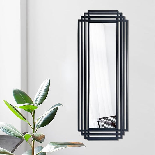 Rectangle Mirror, 42"x16" Geometric Art Mirror wirh Black Metal Frame, Modern Elegant Wall Mirrors for Living Room Bathroom Bedroom Entryway Hallway, Hangs Vertically or Horizontally